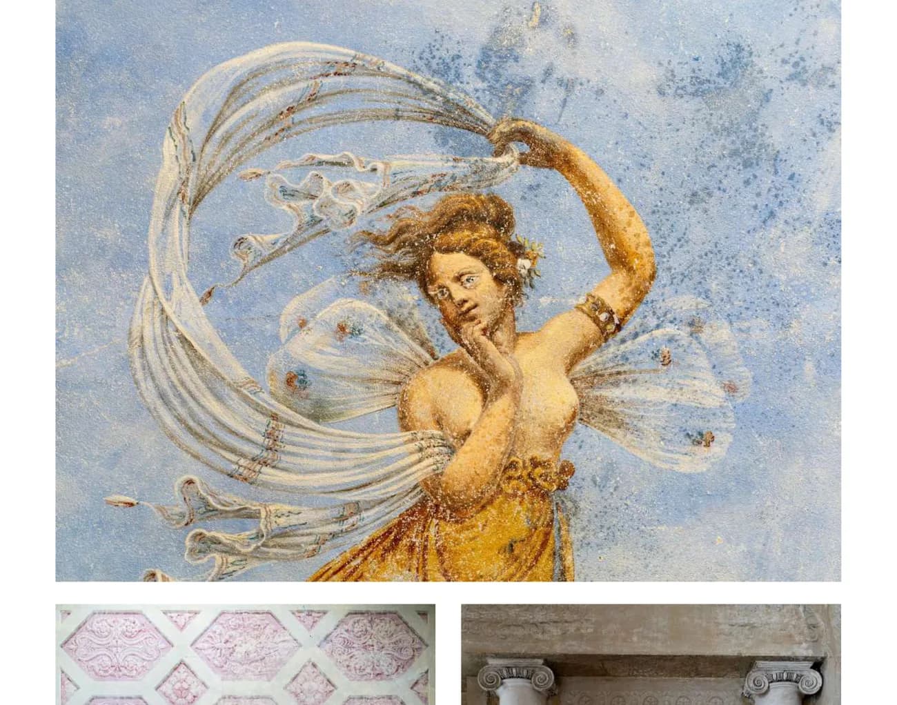 Affresco di figura femminile danzante con velo svolazzante su fondo azzurro