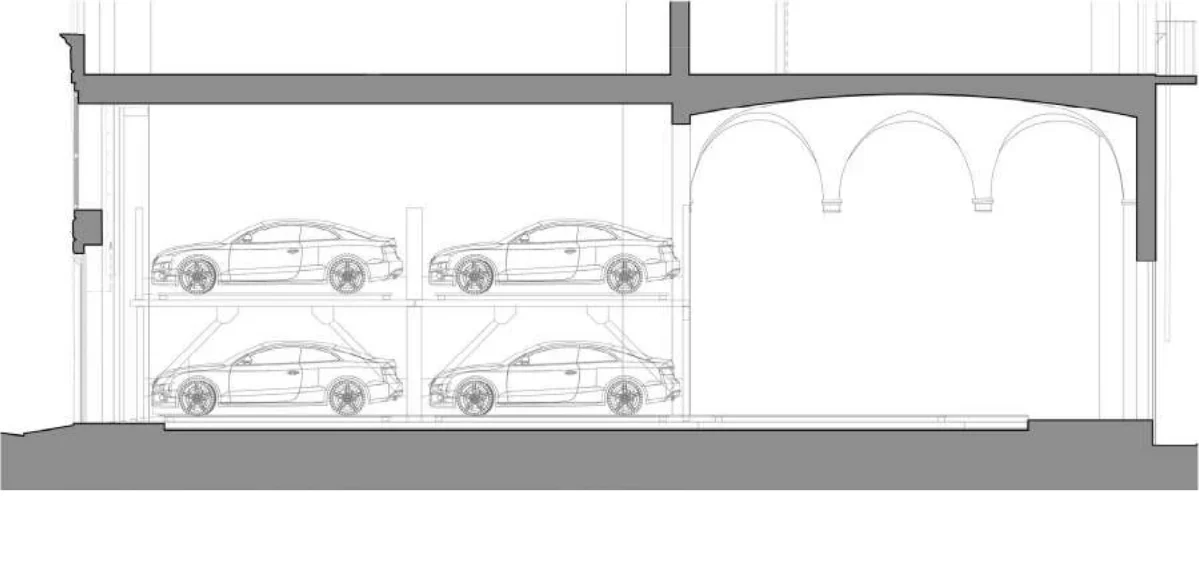 Sezione dell'impianto di parcheggio automatizzato del palazzo