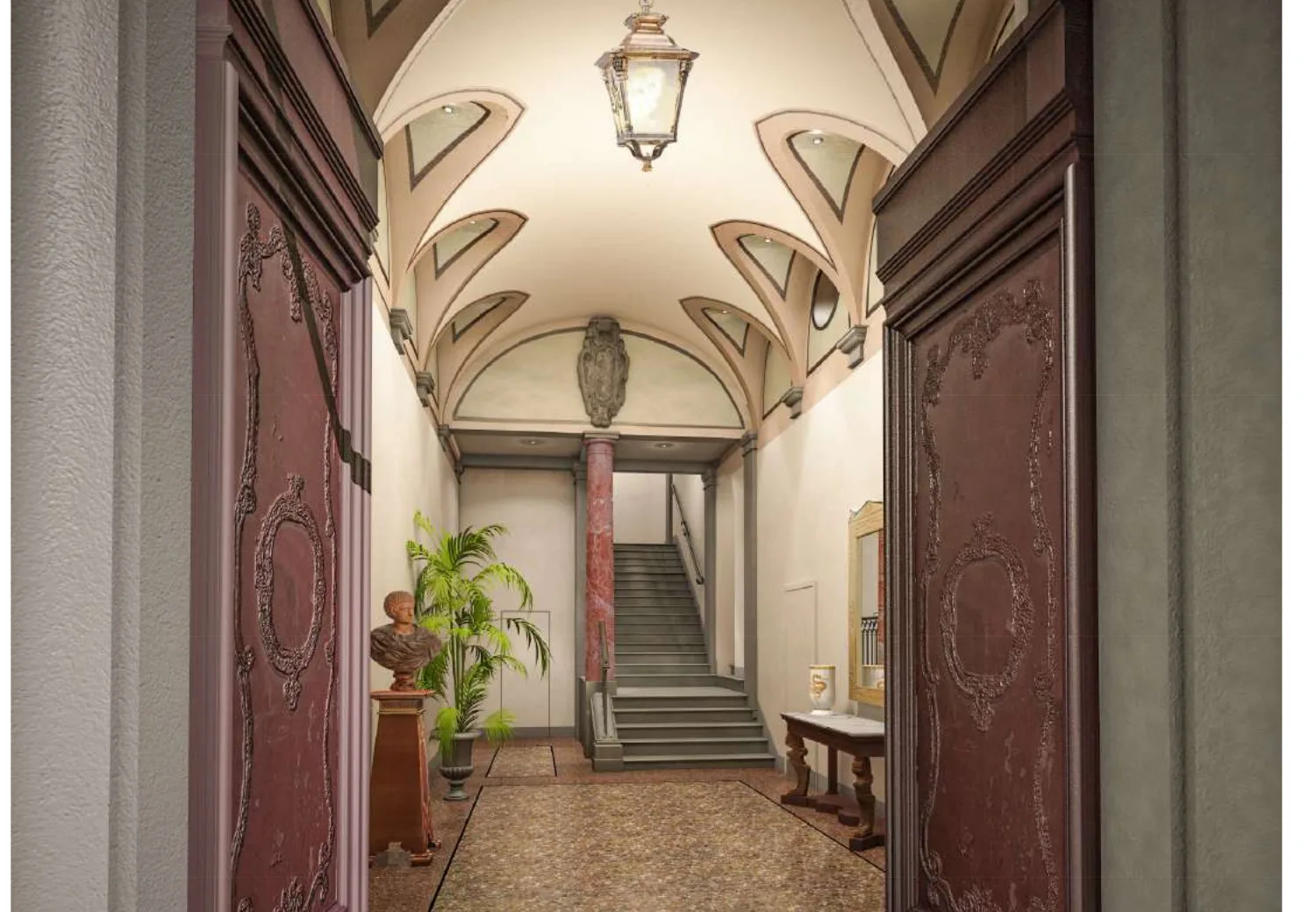 Render dell'atrio voltato con la scala d'onore