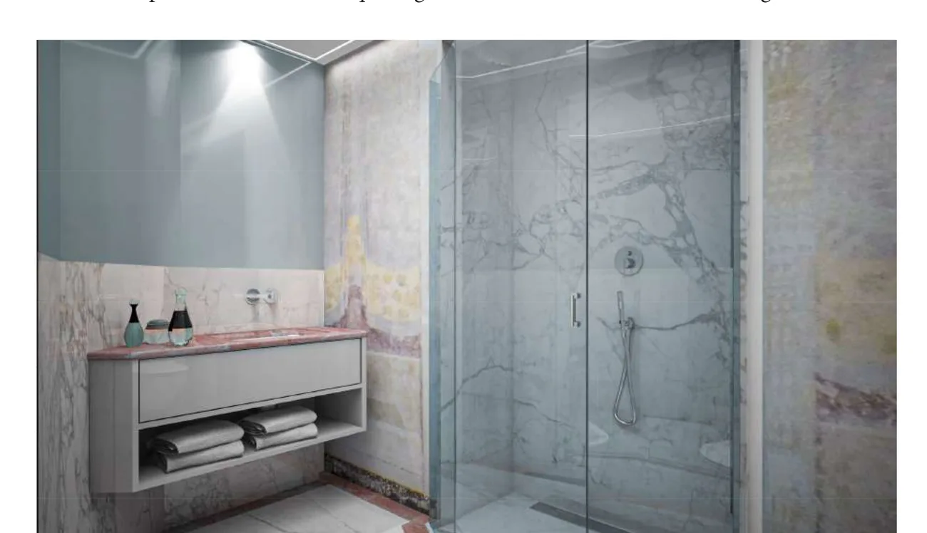 Render di un bagno rivestito in Marmo di Carrara