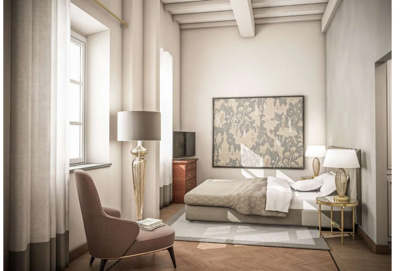 Render di una camera con soffitto a travi