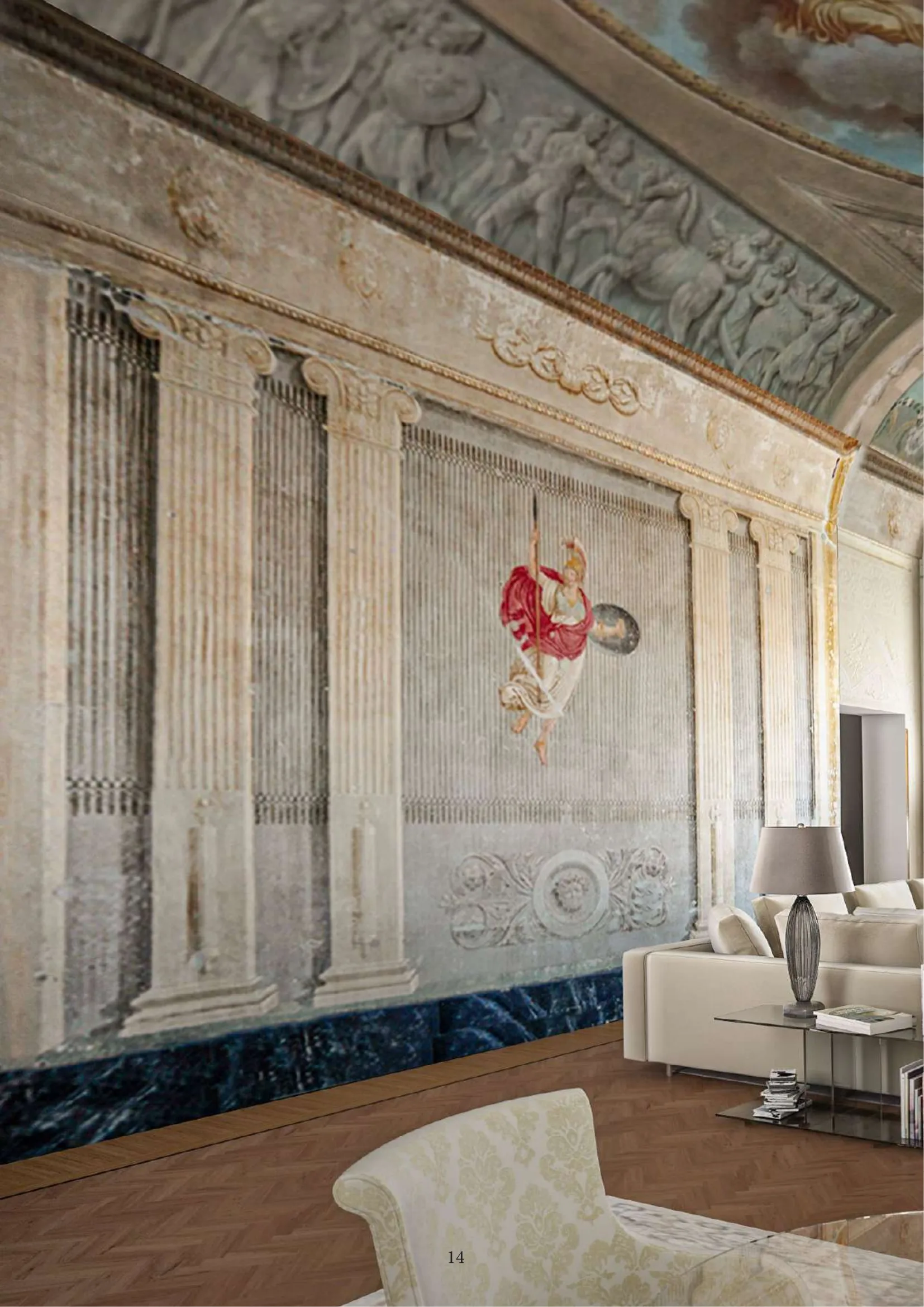 Render del soggiorno con parete affrescata