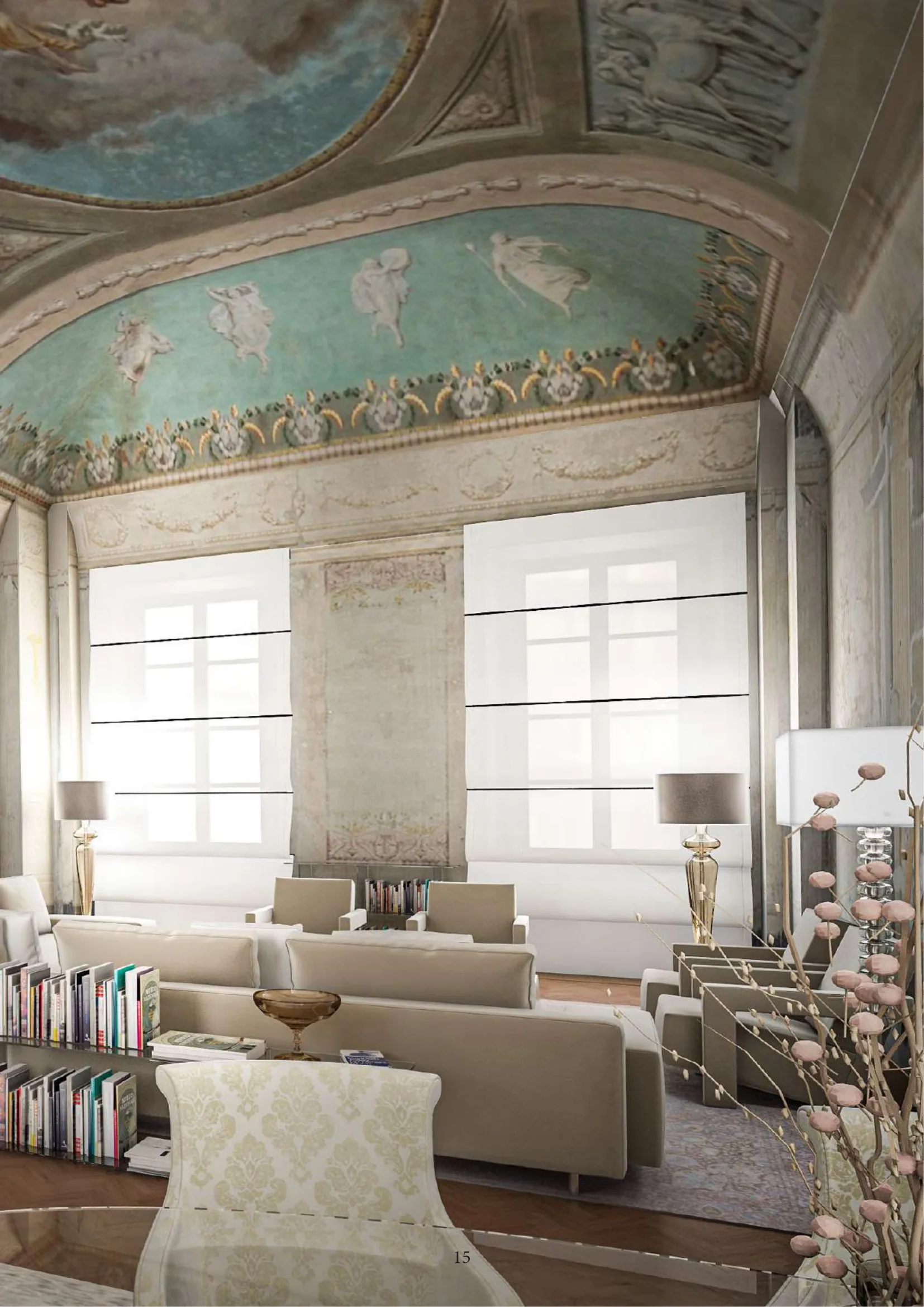 Render del soggiorno con parete affrescata